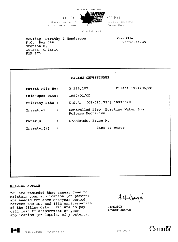 Canadian Patent Document 2166107. Prosecution Correspondence 19951222. Image 1 of 1
