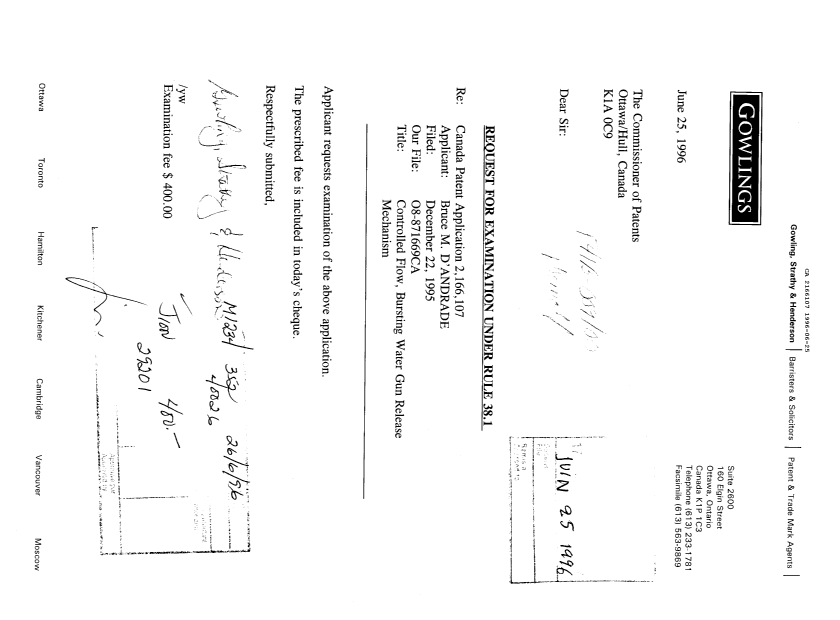 Document de brevet canadien 2166107. Demande d'examen 19960625. Image 1 de 1