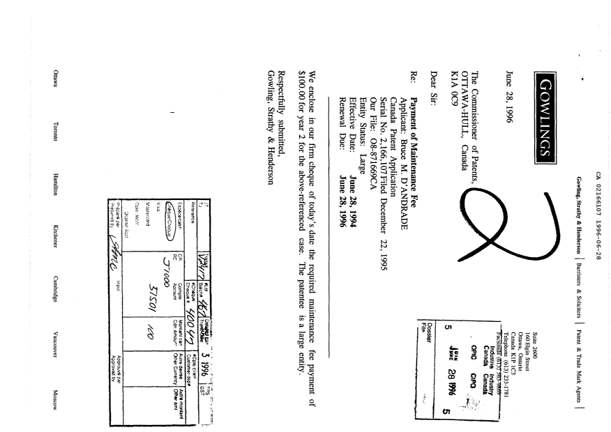 Document de brevet canadien 2166107. Taxes 19960628. Image 1 de 1