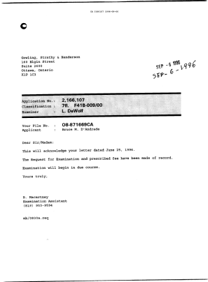 Document de brevet canadien 2166107. Lettre du bureau 19960906. Image 1 de 1