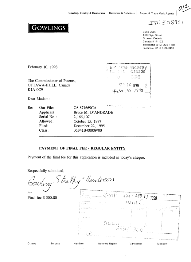 Canadian Patent Document 2166107. Correspondence 19980210. Image 1 of 1