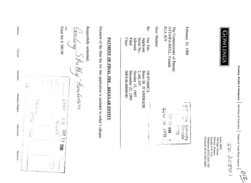 Document de brevet canadien 2166107. Correspondance 19980210. Image 1 de 1