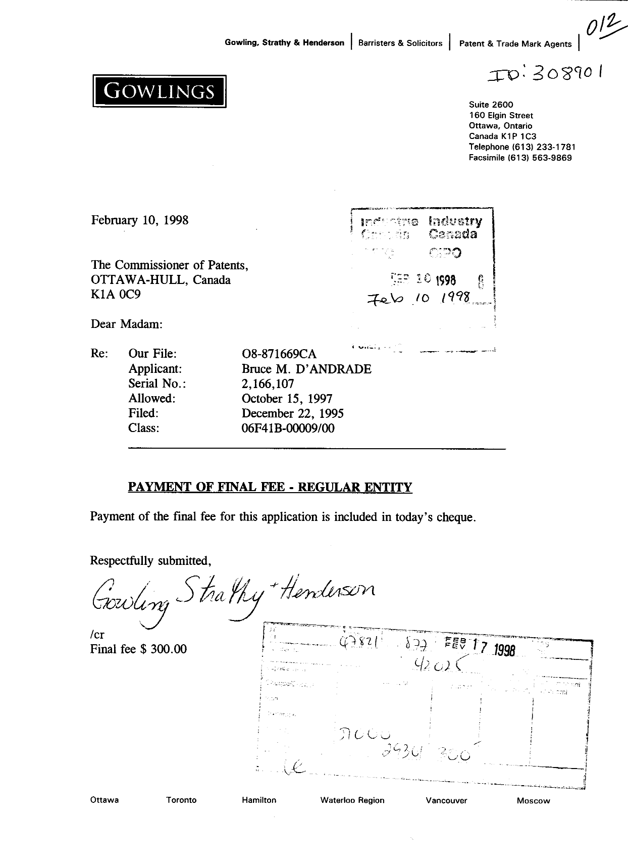 Document de brevet canadien 2166107. Correspondance 19980210. Image 1 de 1