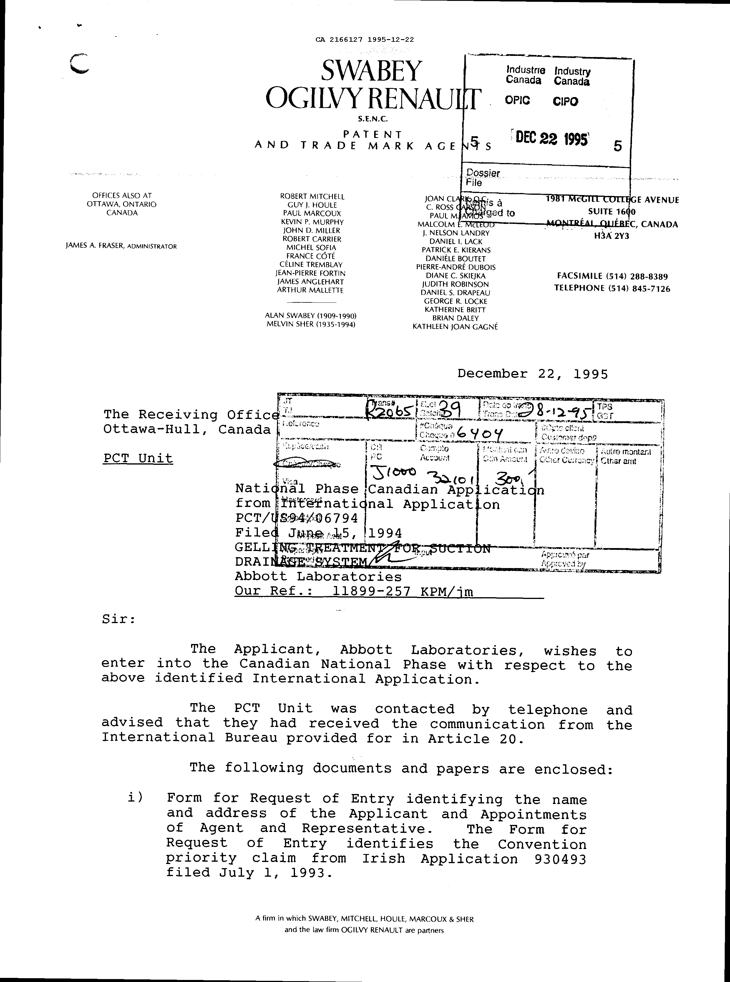 Canadian Patent Document 2166127. National Entry Request 19951222. Image 1 of 4