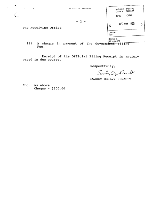 Document de brevet canadien 2166127. Demande d'entrée en phase nationale 19951222. Image 2 de 4