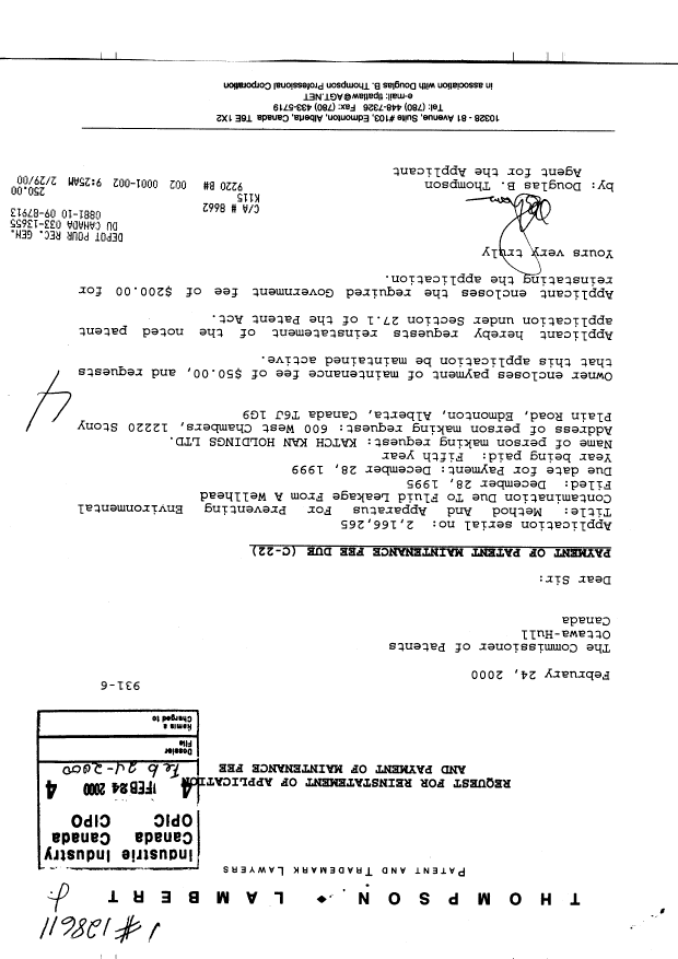 Canadian Patent Document 2166265. Fees 20000224. Image 1 of 1