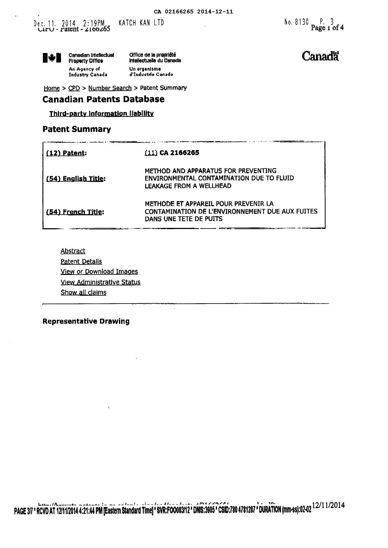 Canadian Patent Document 2166265. Fees 20141211. Image 2 of 6