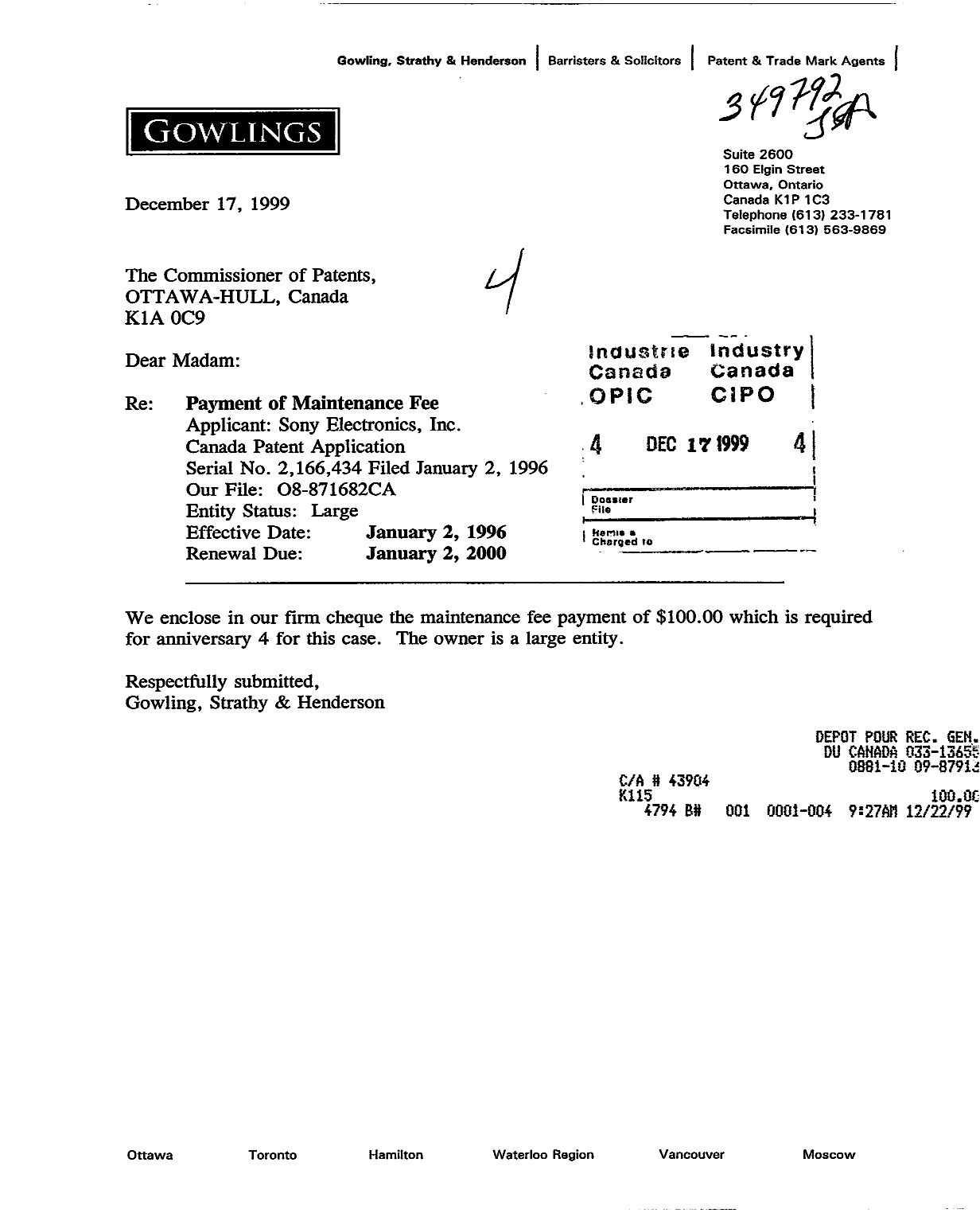Document de brevet canadien 2166434. Taxes 19991217. Image 1 de 1