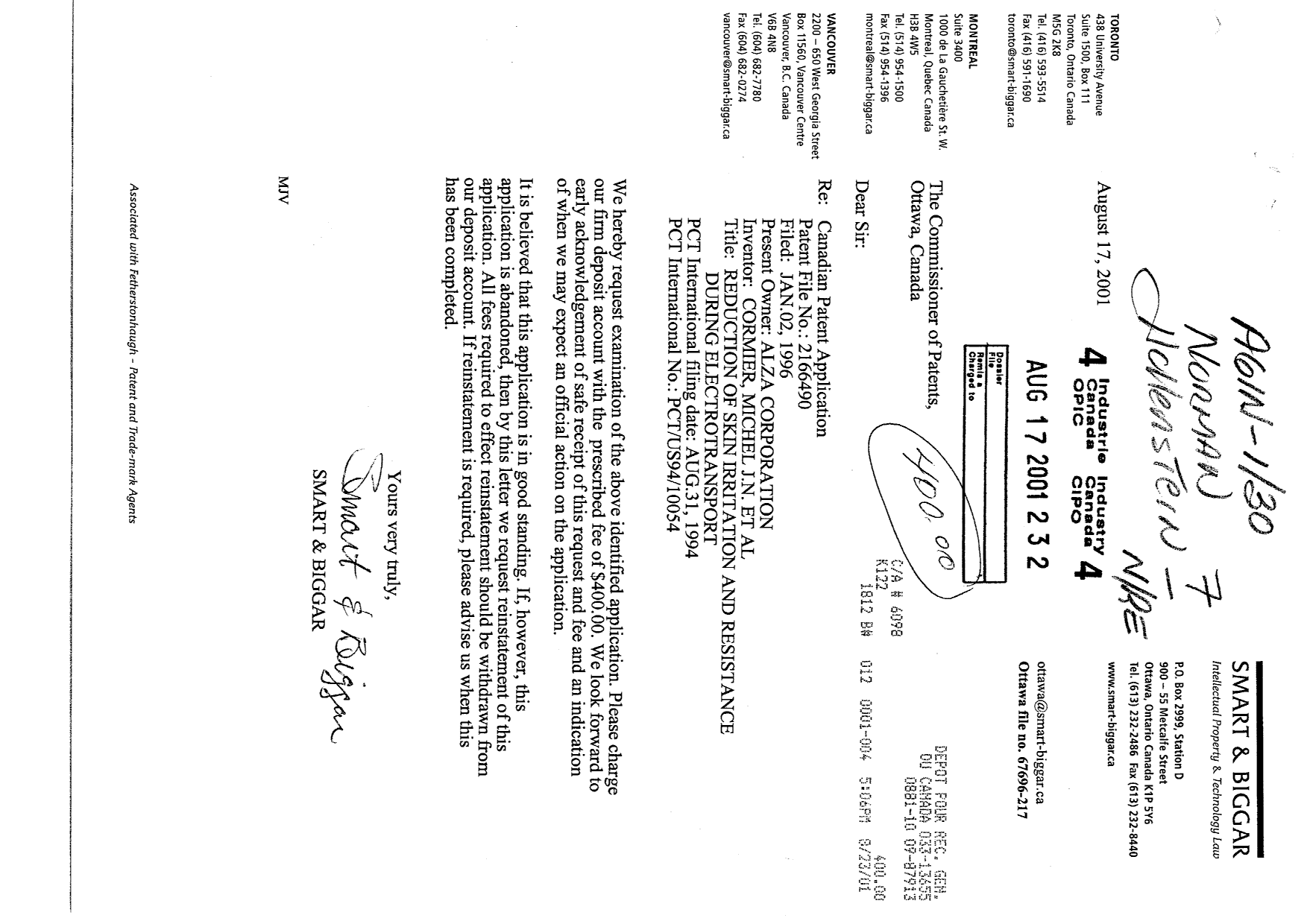 Document de brevet canadien 2166490. Poursuite-Amendment 20010817. Image 1 de 1
