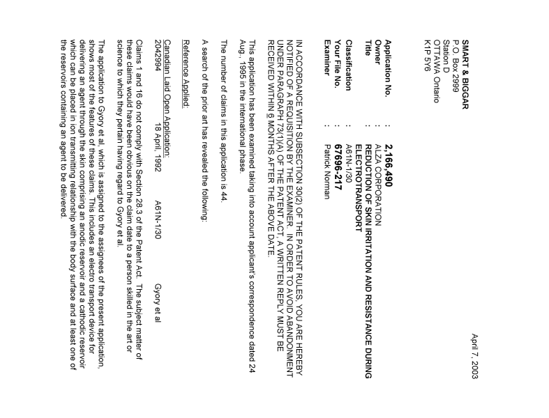 Document de brevet canadien 2166490. Poursuite-Amendment 20030407. Image 1 de 3