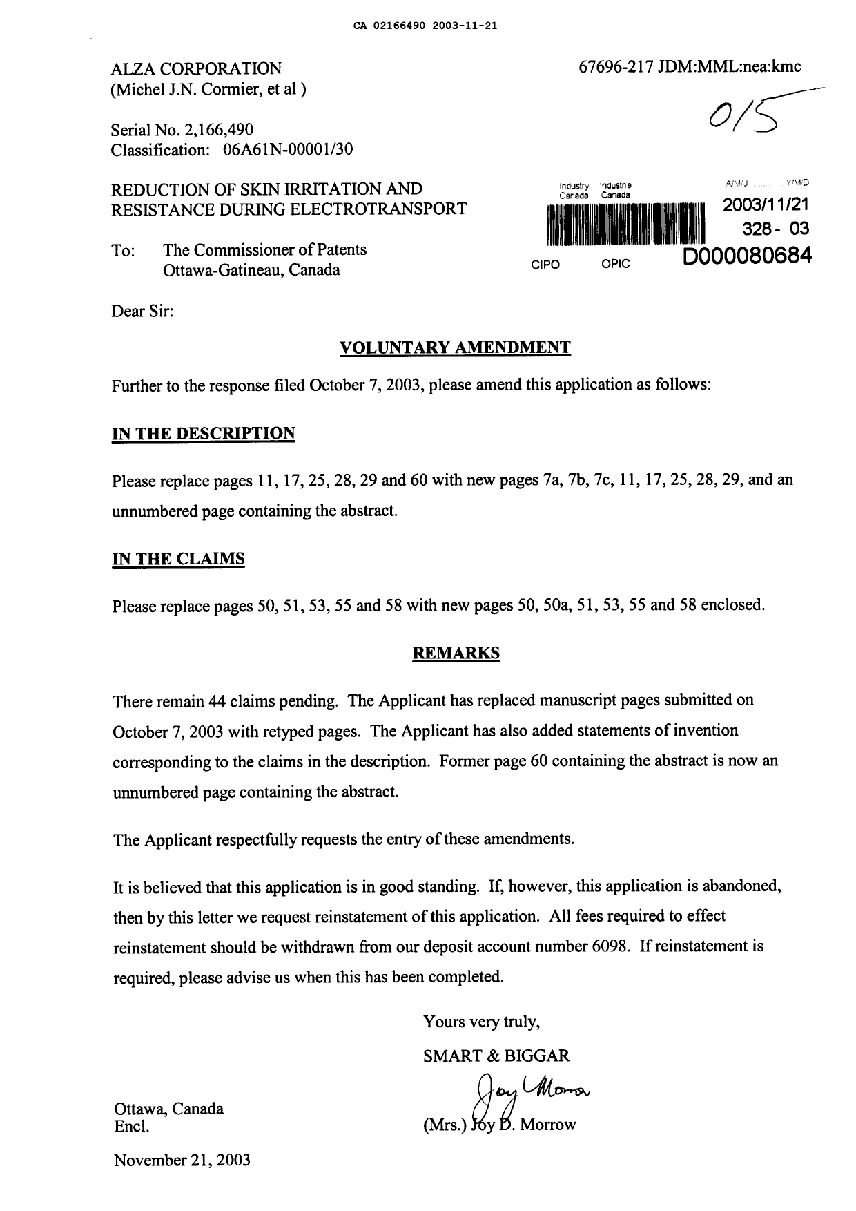 Canadian Patent Document 2166490. Prosecution-Amendment 20031121. Image 1 of 16