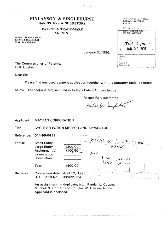 Document de brevet canadien 2166526. Cession 19960103. Image 1 de 7