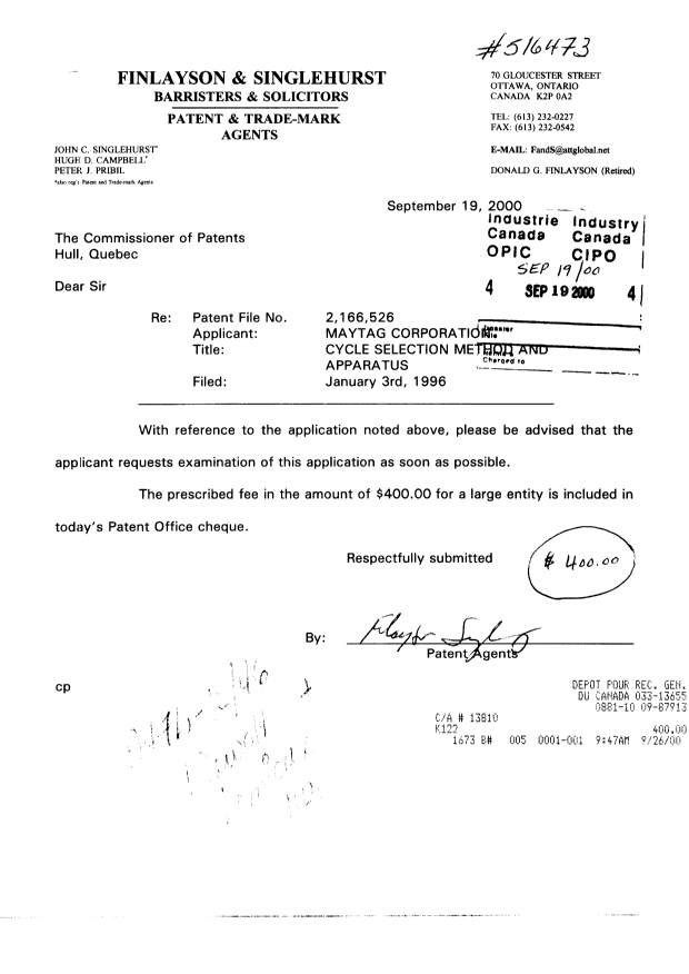Canadian Patent Document 2166526. Prosecution-Amendment 20000919. Image 1 of 1