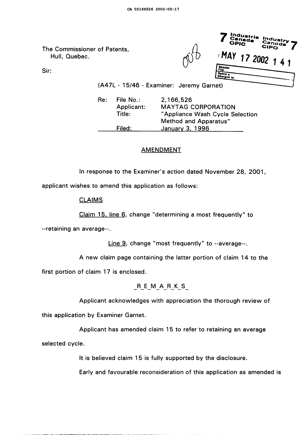 Canadian Patent Document 2166526. Prosecution-Amendment 20020517. Image 1 of 3