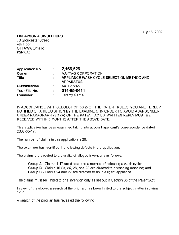 Canadian Patent Document 2166526. Prosecution-Amendment 20020718. Image 1 of 2