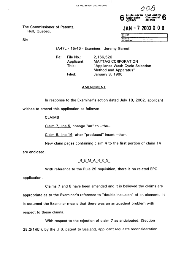 Canadian Patent Document 2166526. Prosecution-Amendment 20030107. Image 1 of 8