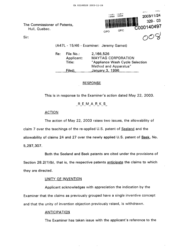 Canadian Patent Document 2166526. Prosecution-Amendment 20031124. Image 1 of 17