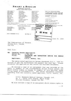 Document de brevet canadien 2166529. Correspondance 19990630. Image 1 de 3