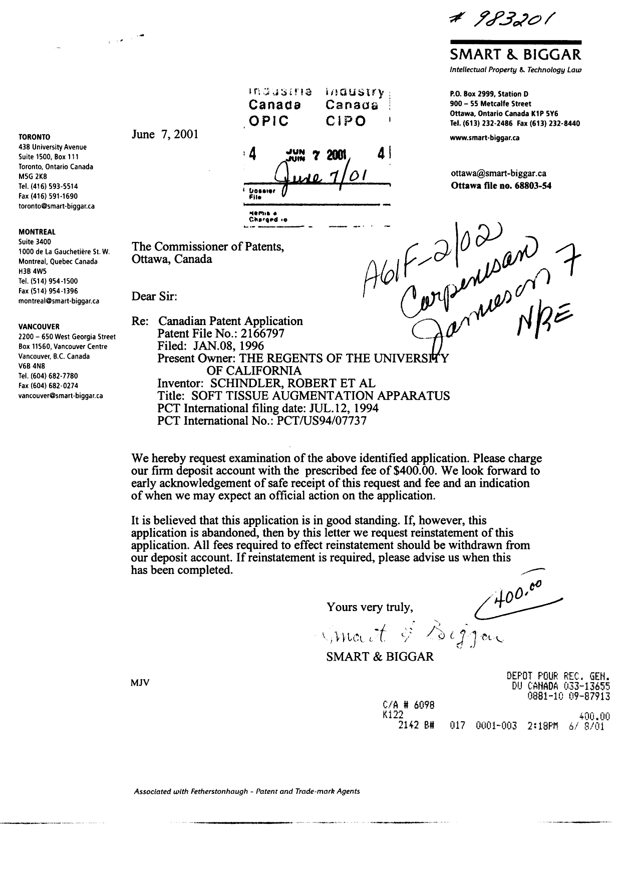 Document de brevet canadien 2166797. Poursuite-Amendment 20010607. Image 1 de 1