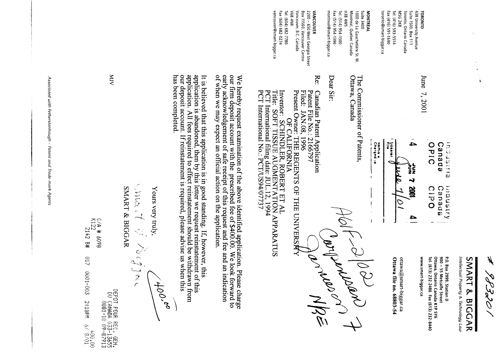 Canadian Patent Document 2166797. Prosecution-Amendment 20010607. Image 1 of 1