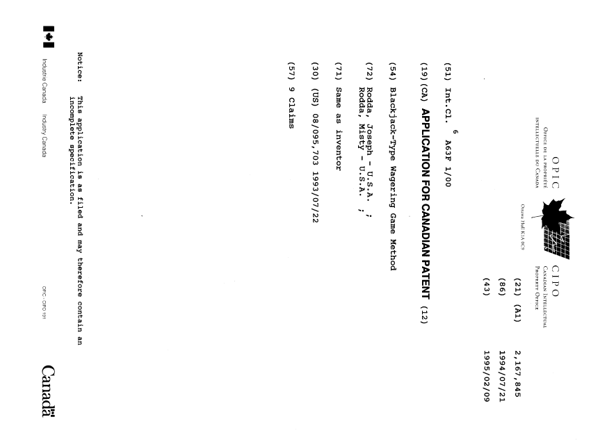 Document de brevet canadien 2167845. Page couverture 19960517. Image 1 de 1