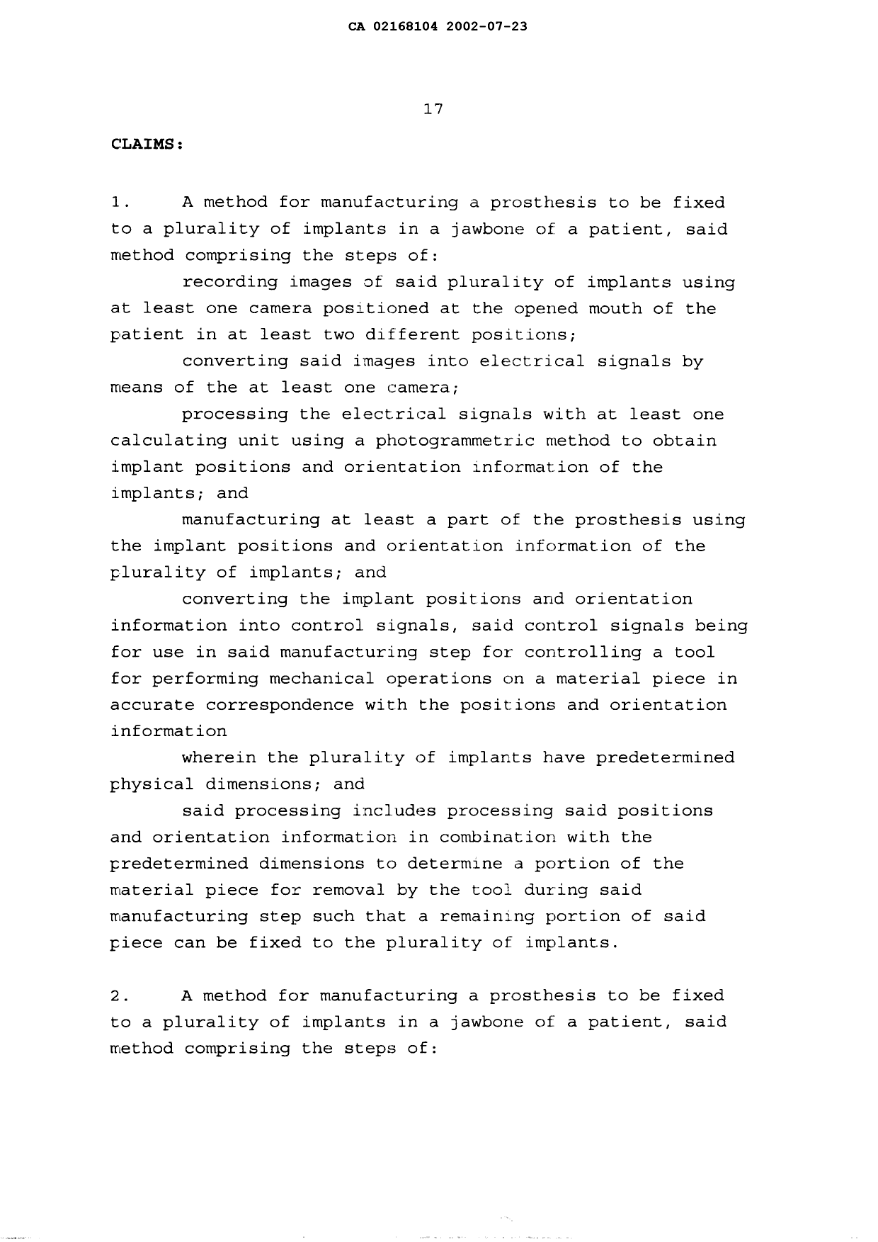 Document de brevet canadien 2168104. Revendications 20020723. Image 1 de 11