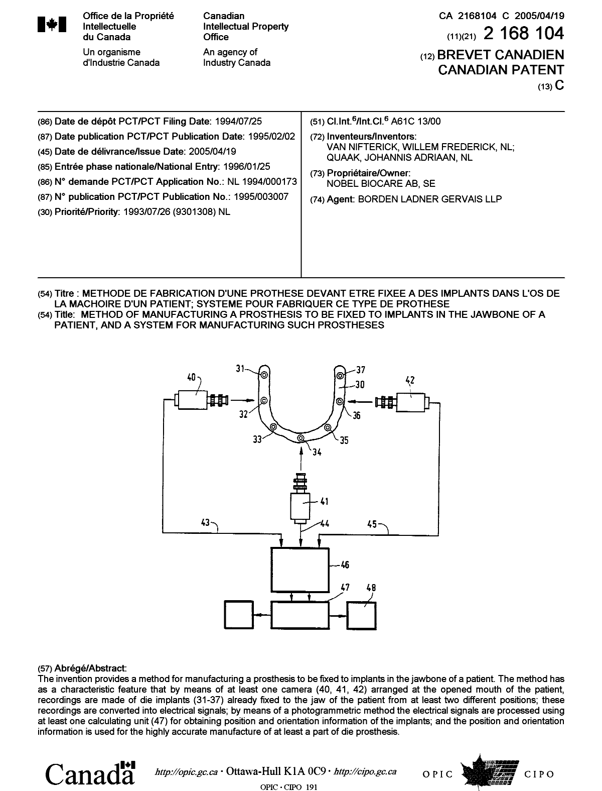 Document de brevet canadien 2168104. Page couverture 20050323. Image 1 de 1