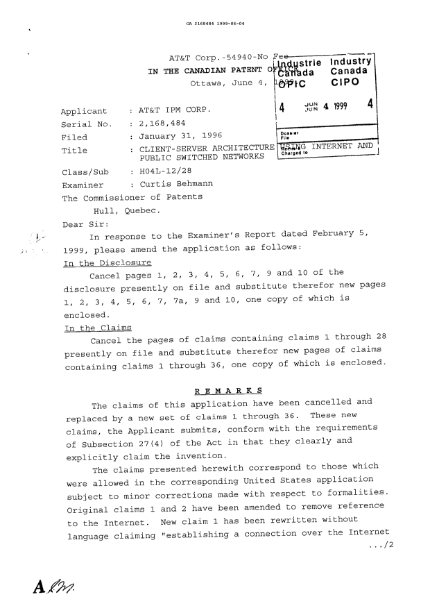 Document de brevet canadien 2168484. Correspondance de la poursuite 19990604. Image 1 de 4