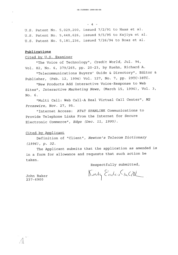 Canadian Patent Document 2168484. Prosecution Correspondence 19990604. Image 4 of 4