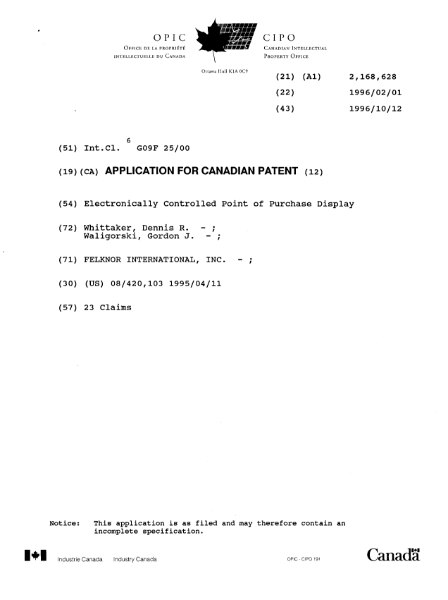 Document de brevet canadien 2168628. Page couverture 19960529. Image 1 de 1