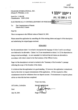Canadian Patent Document 2168628. Prosecution-Amendment 20010730. Image 1 of 12