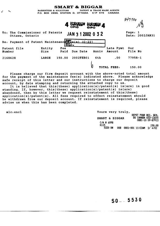 Canadian Patent Document 2168628. Fees 20020131. Image 1 of 1