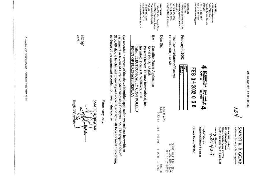 Canadian Patent Document 2168628. Assignment 20020204. Image 1 of 3