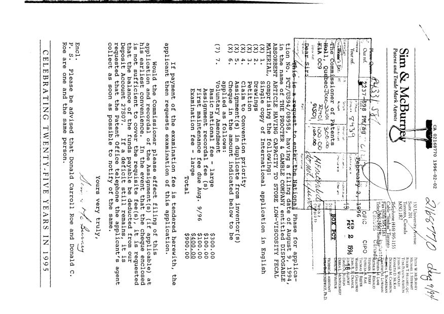 Document de brevet canadien 2168770. Taxes 19960202. Image 1 de 1