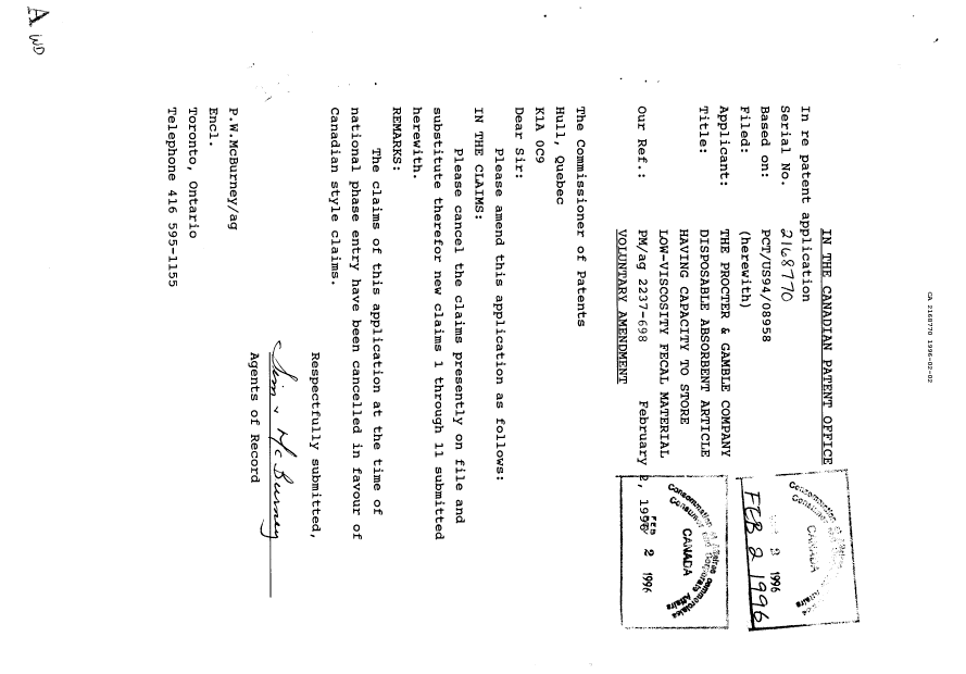 Document de brevet canadien 2168770. Correspondance de la poursuite 19960202. Image 1 de 1