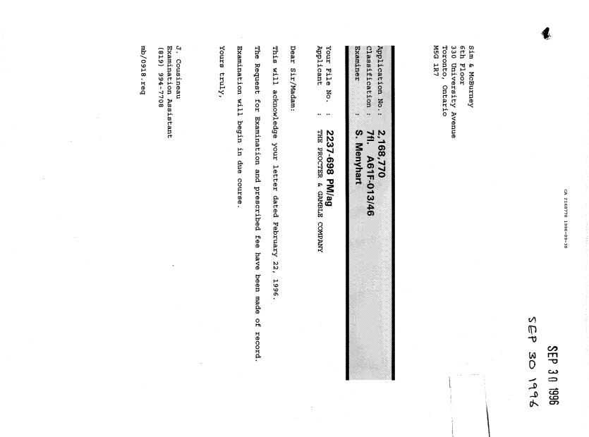 Document de brevet canadien 2168770. Lettre du bureau 19960930. Image 1 de 1