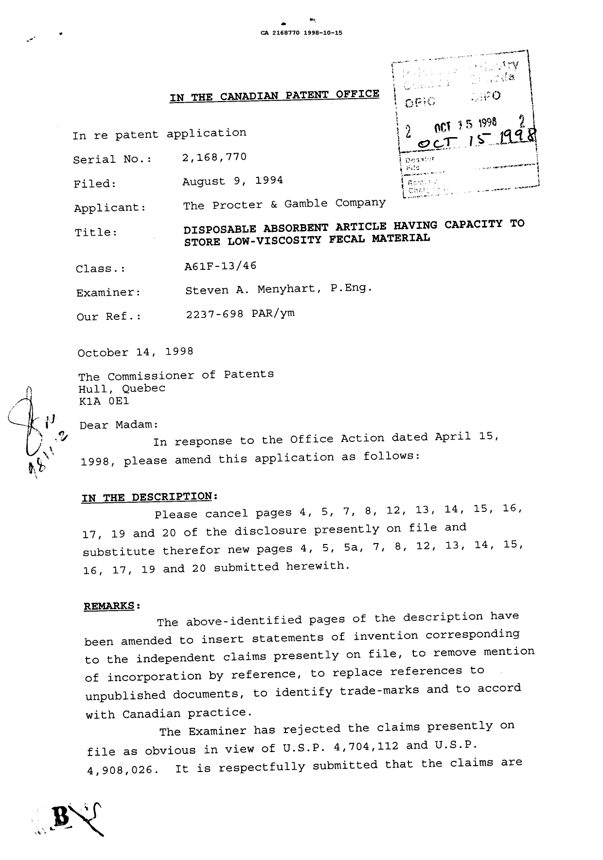 Canadian Patent Document 2168770. Prosecution Correspondence 19981015. Image 1 of 3