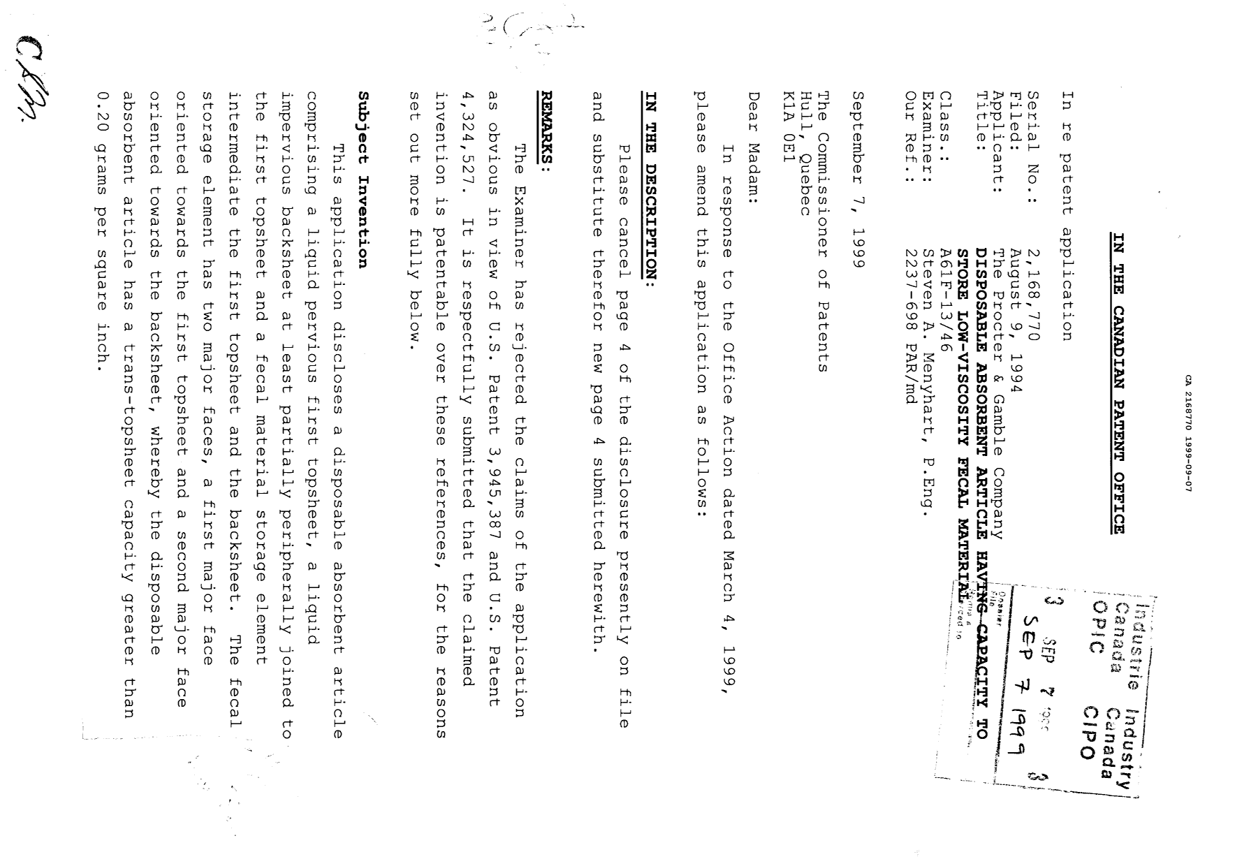 Canadian Patent Document 2168770. Prosecution Correspondence 19990907. Image 1 of 2