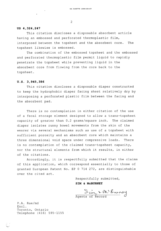 Document de brevet canadien 2168770. Correspondance de la poursuite 19990907. Image 2 de 2