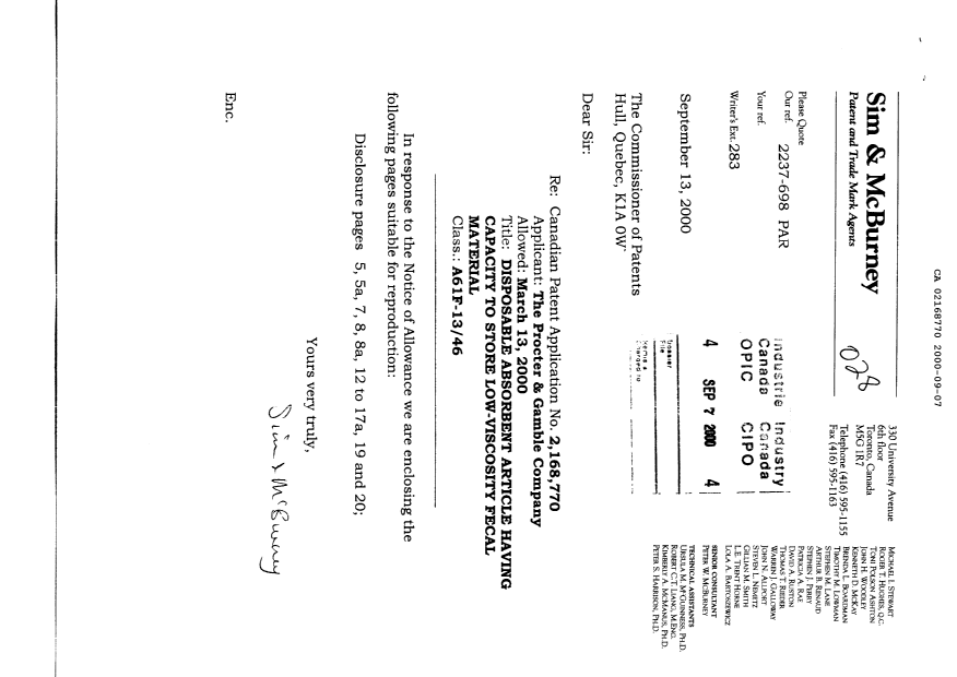Document de brevet canadien 2168770. Correspondance 20000907. Image 1 de 15