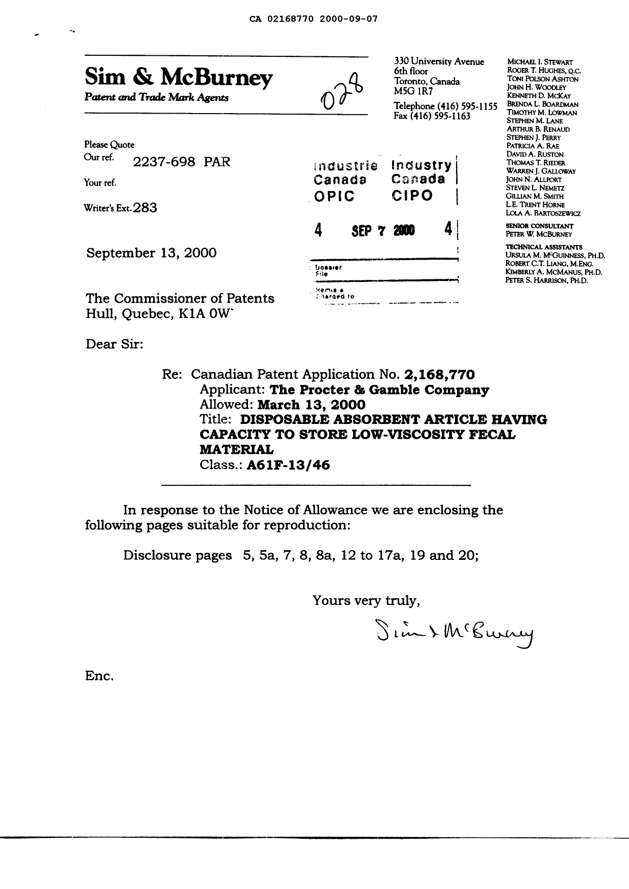 Document de brevet canadien 2168770. Correspondance 20000907. Image 1 de 15