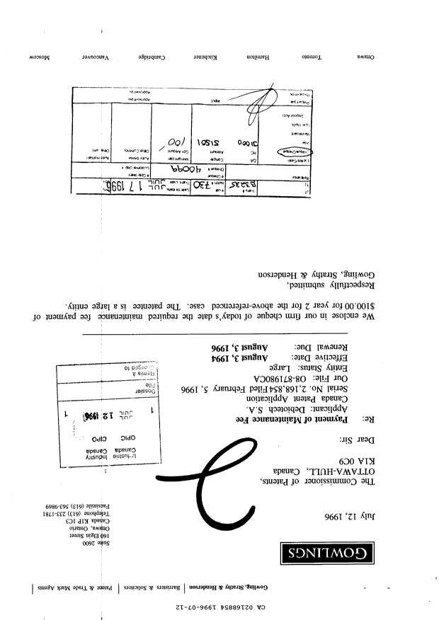 Canadian Patent Document 2168854. Fees 19960712. Image 1 of 1