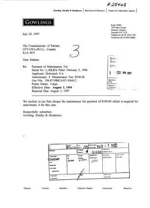 Document de brevet canadien 2168854. Taxes 19970729. Image 1 de 1
