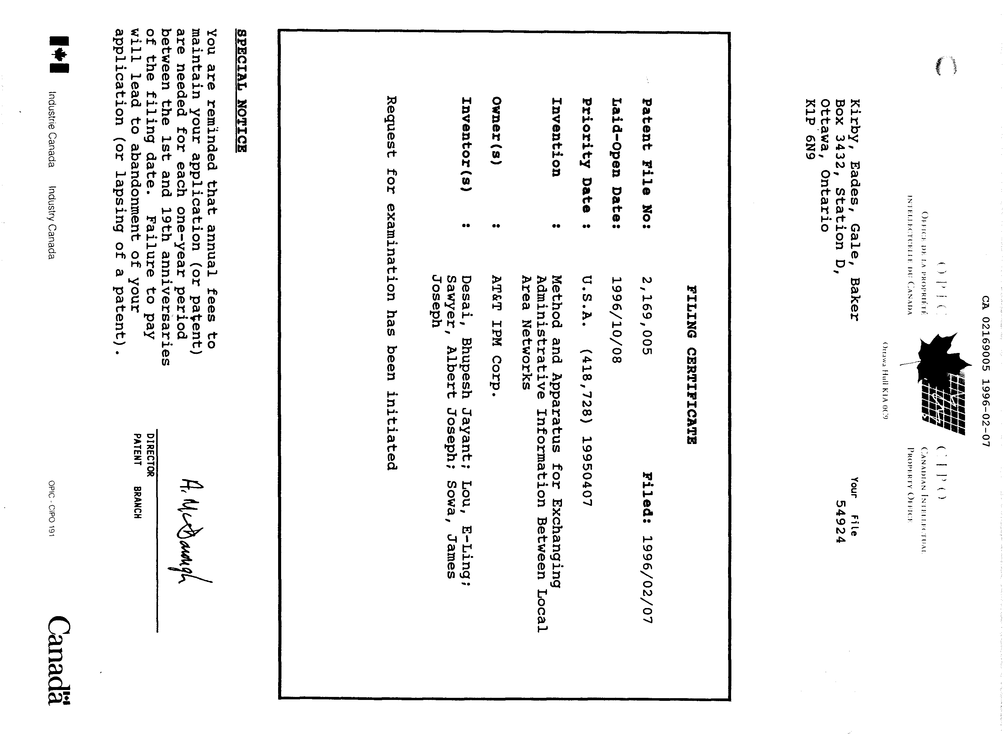 Canadian Patent Document 2169005. Correspondence 19951207. Image 1 of 1
