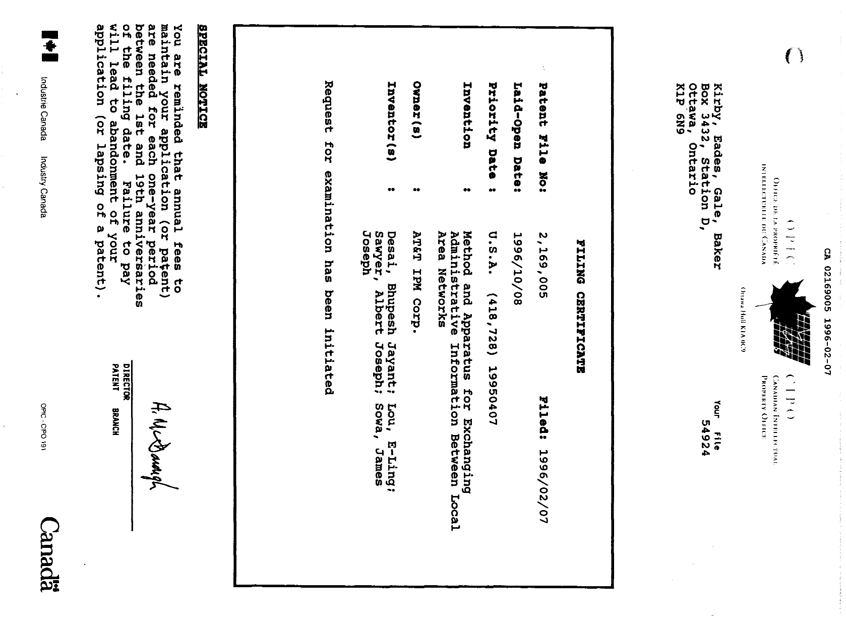 Document de brevet canadien 2169005. Correspondance 19951207. Image 1 de 1