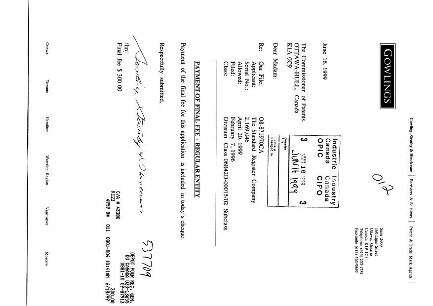 Canadian Patent Document 2169046. Correspondence 19990616. Image 1 of 1