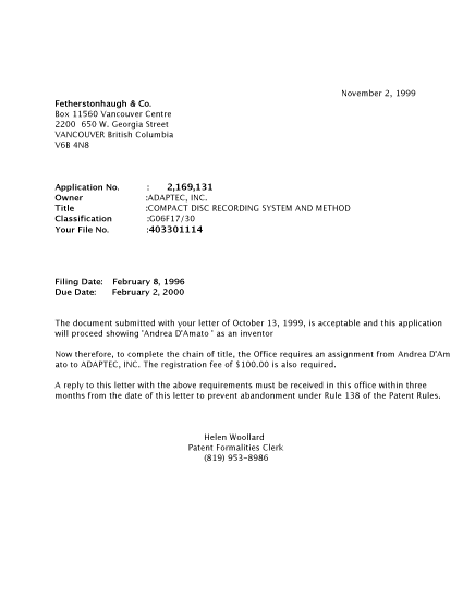 Canadian Patent Document 2169131. Correspondence 19991029. Image 1 of 1