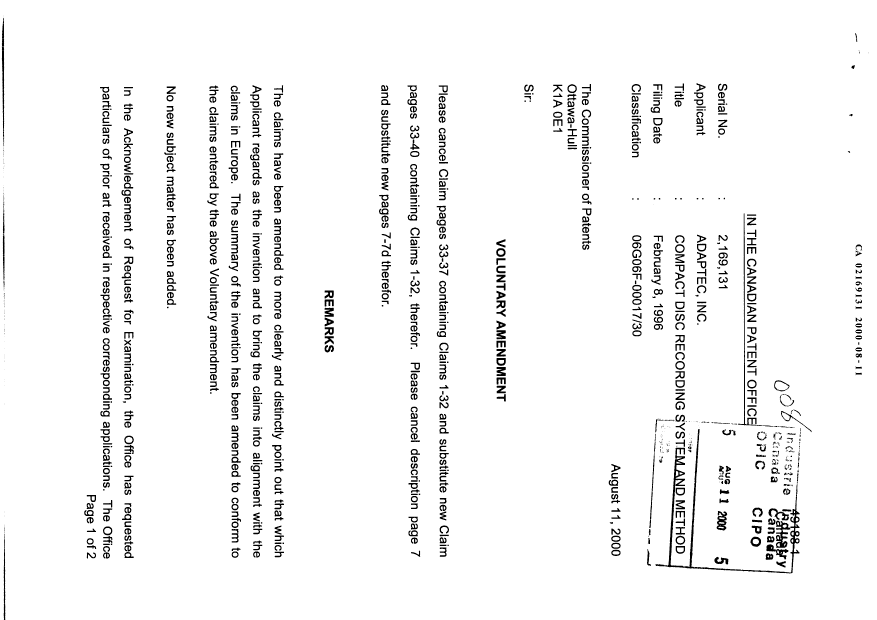 Canadian Patent Document 2169131. Prosecution-Amendment 20000811. Image 1 of 15
