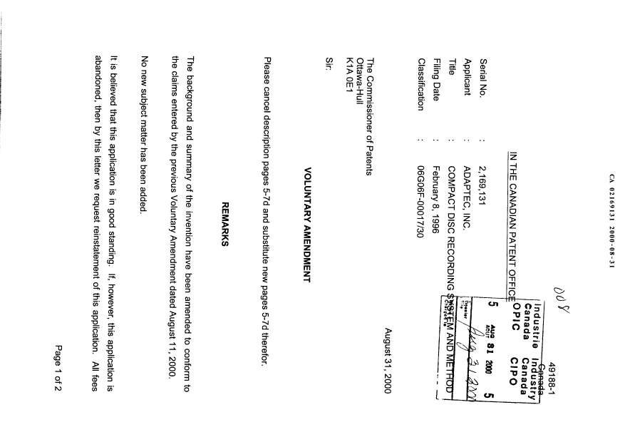 Document de brevet canadien 2169131. Poursuite-Amendment 20000831. Image 1 de 9