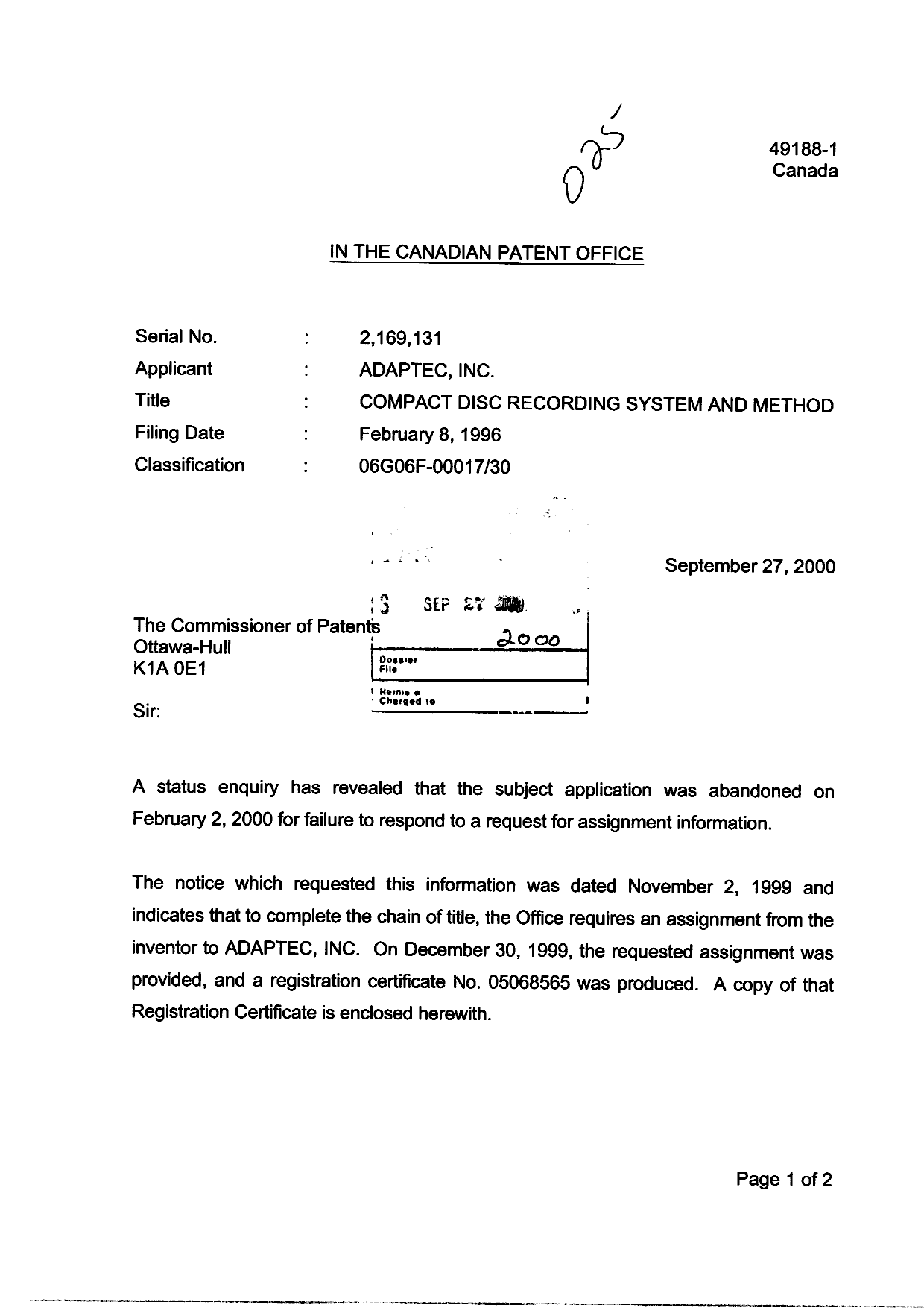 Canadian Patent Document 2169131. Assignment 20000927. Image 1 of 3